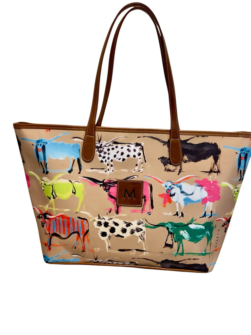 Barrington Canvas Tote Bag with Multicolor Cow Print and Brown Trim